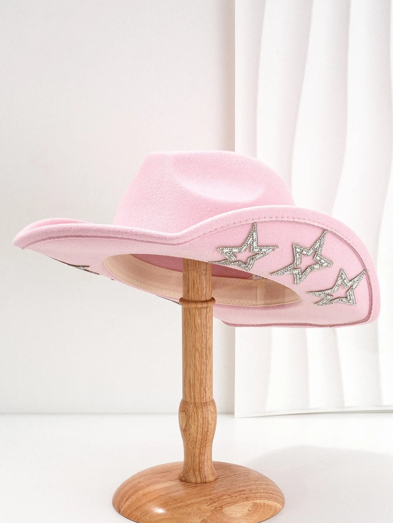 Beige polyester Western denim top hat with a conical crown and a hexagonal star decoration on the front.