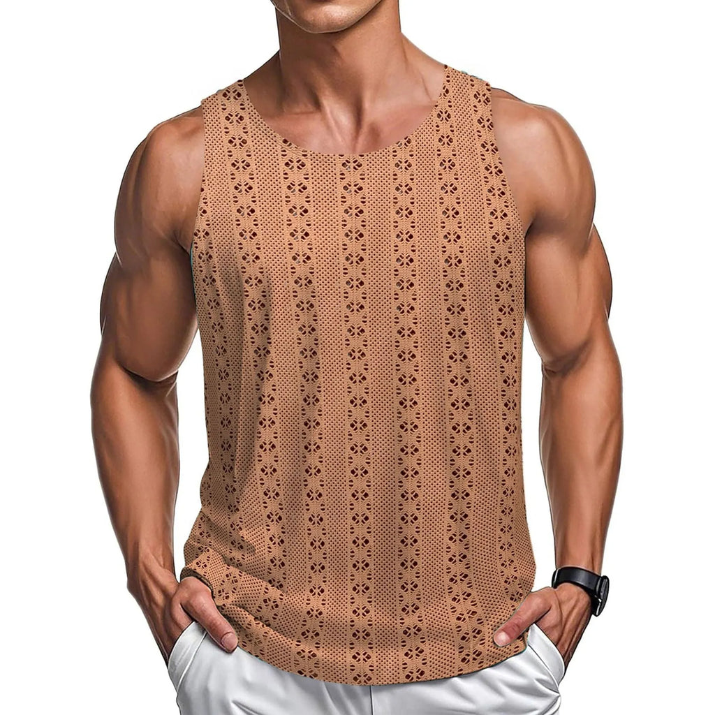 Round neck loose vest in solid colour polyester fibre, available in khaki, white, and black, sizes M to 3XL