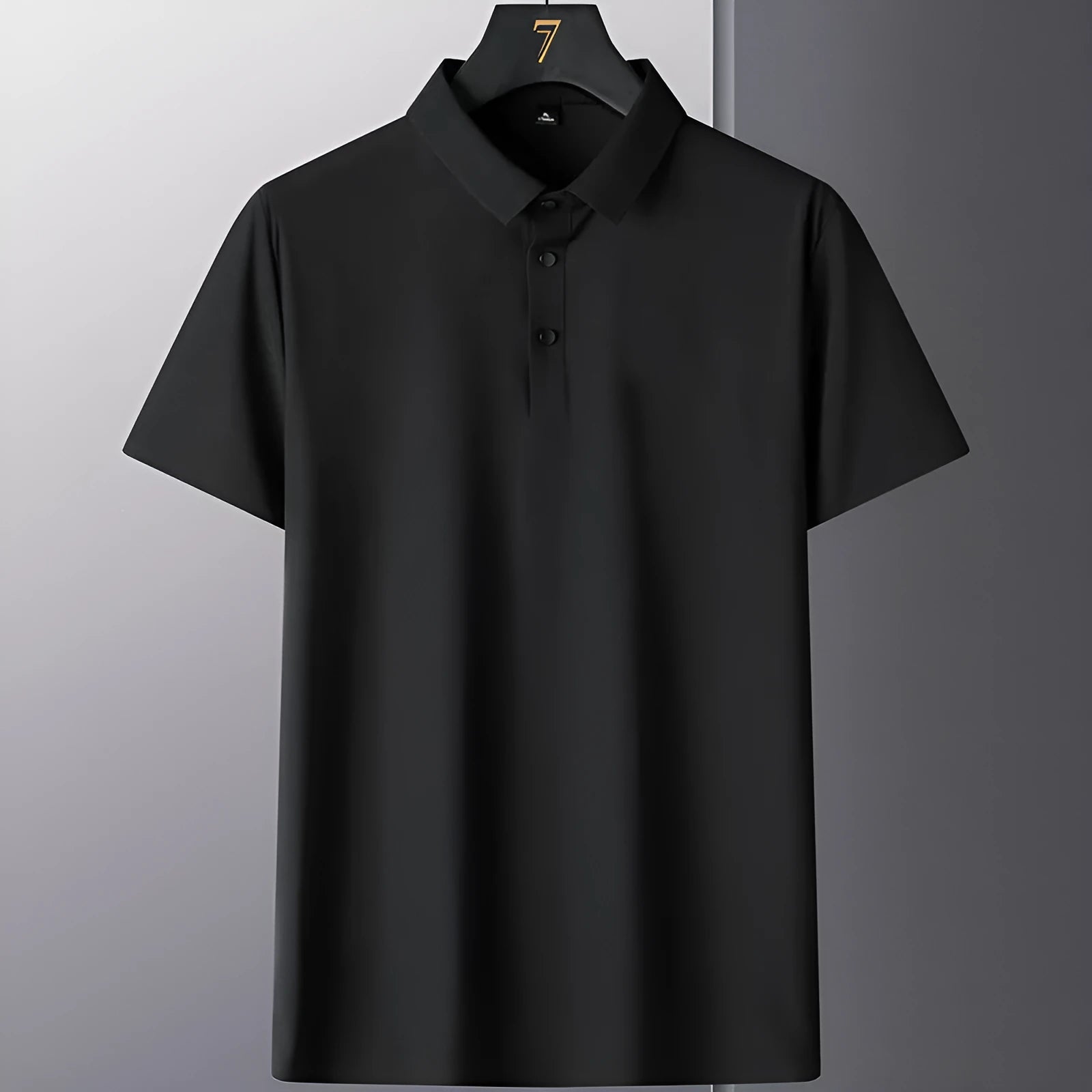 Men's non-ironing solid colour short sleeve business casual top on a hanger