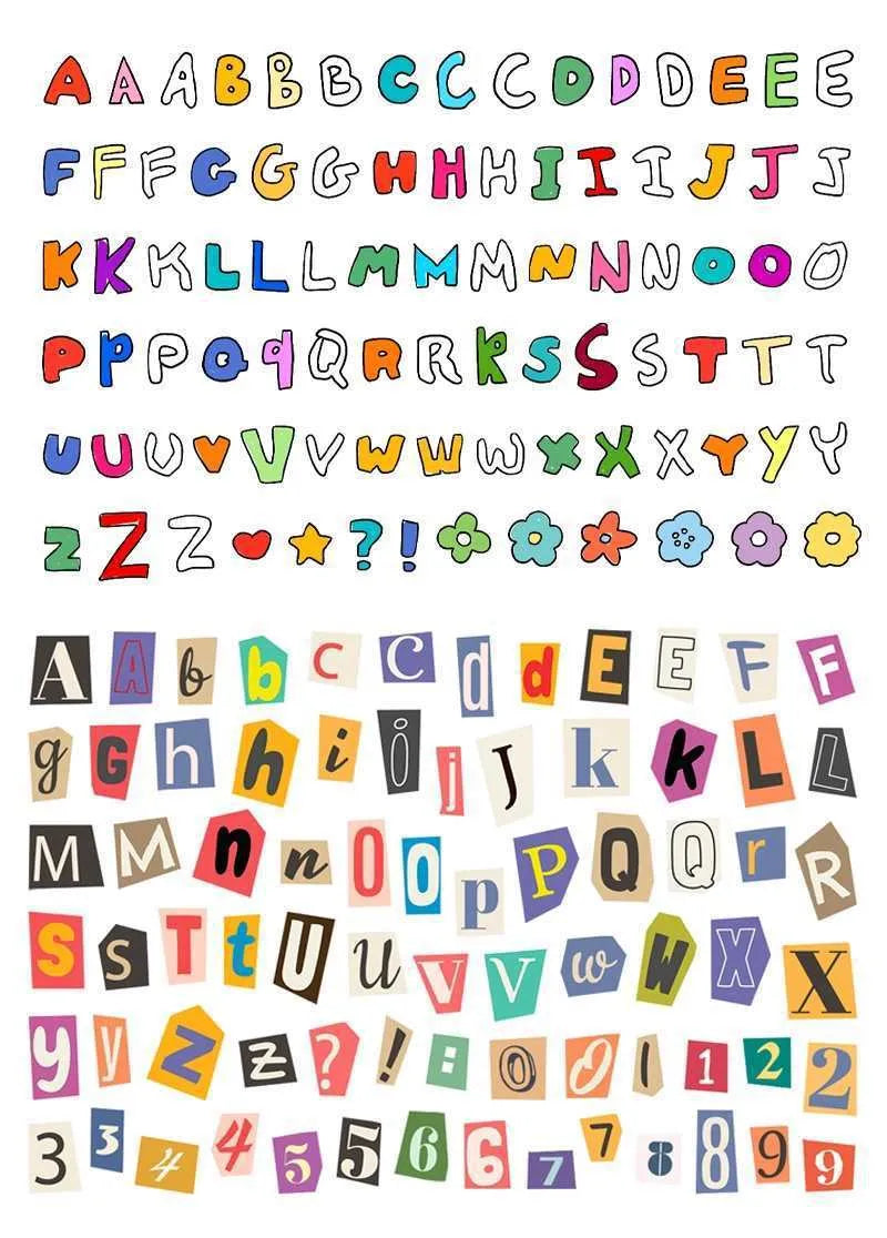 English letters and numbers label sticker set showing alphabet collections and week words in cute printed style
