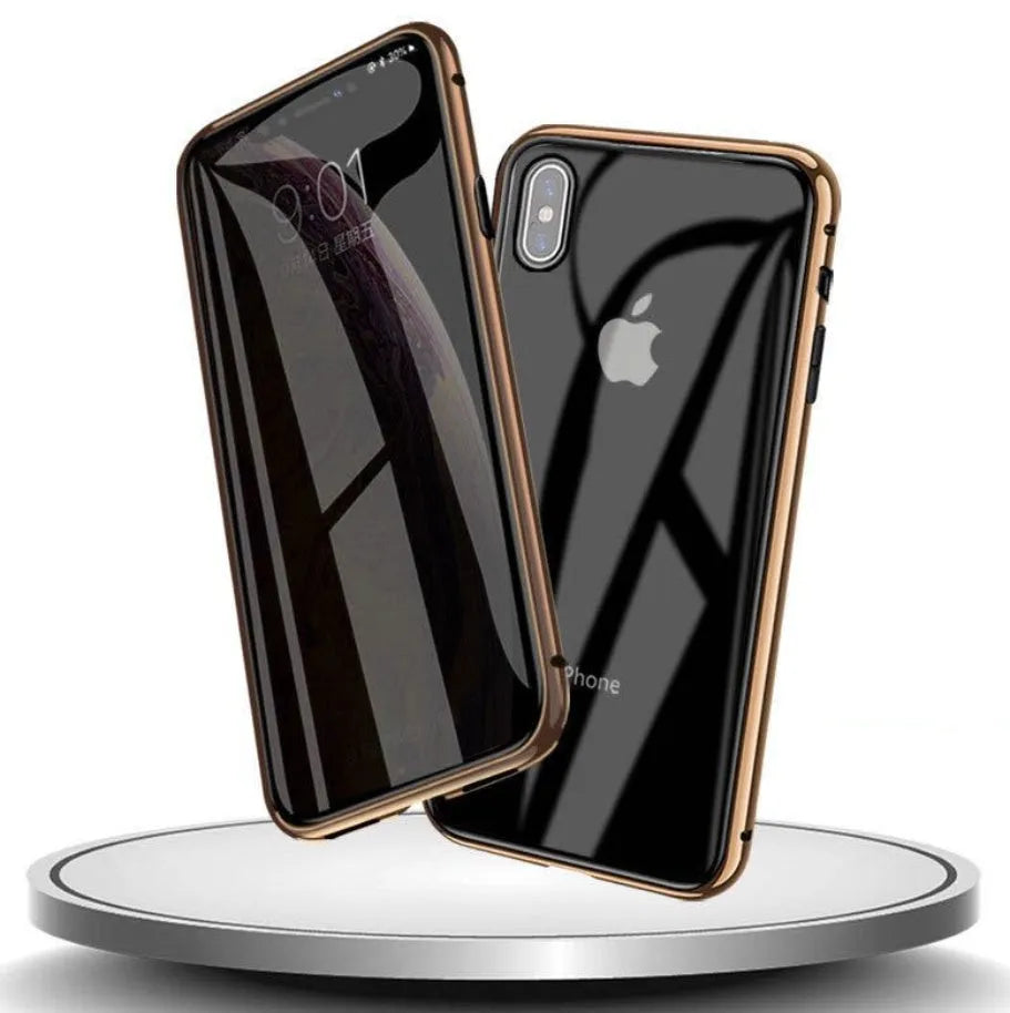 Clamshell anti-spy phone case in six colours showing tempered glass construction for iPhone privacy protection