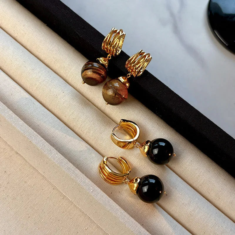 Maillard tigereye geometric earrings with real gold plating in French retro style