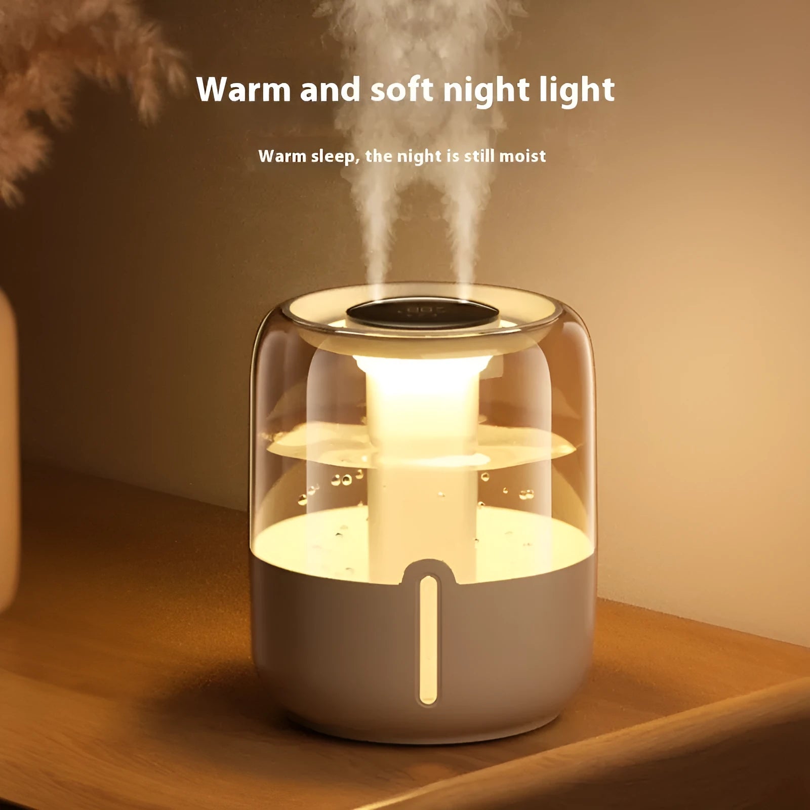 Beige round USB humidifier with dual spray outlets, display screen, and night light.
