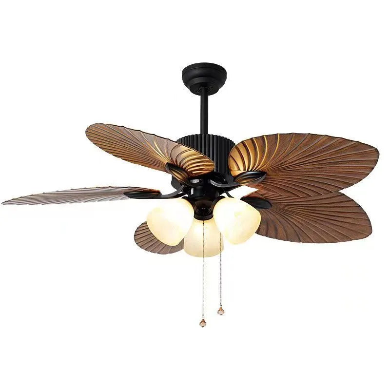 52-inch retro style ceiling fan light with wooden blades and integrated three-light fixture