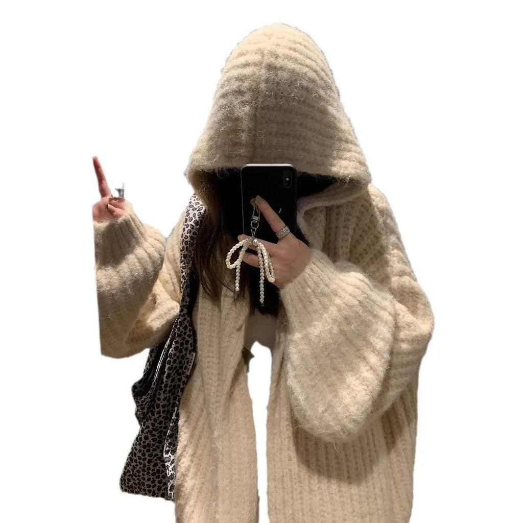 Women's dark grey retro Maillard knit hooded cardigan on a hanger, showing loose fit and regular sleeves.