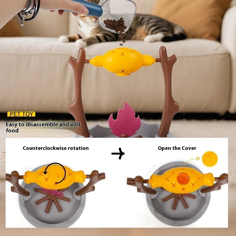 Tumbling cat food feeder toy with barbecue style design measuring 30cm