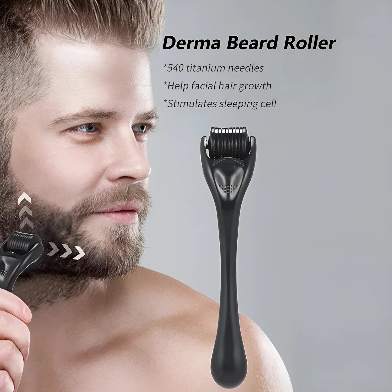 Black and purple derma rollers with titanium microneedles, showing different needle sizes from 0.2mm to 1.0mm