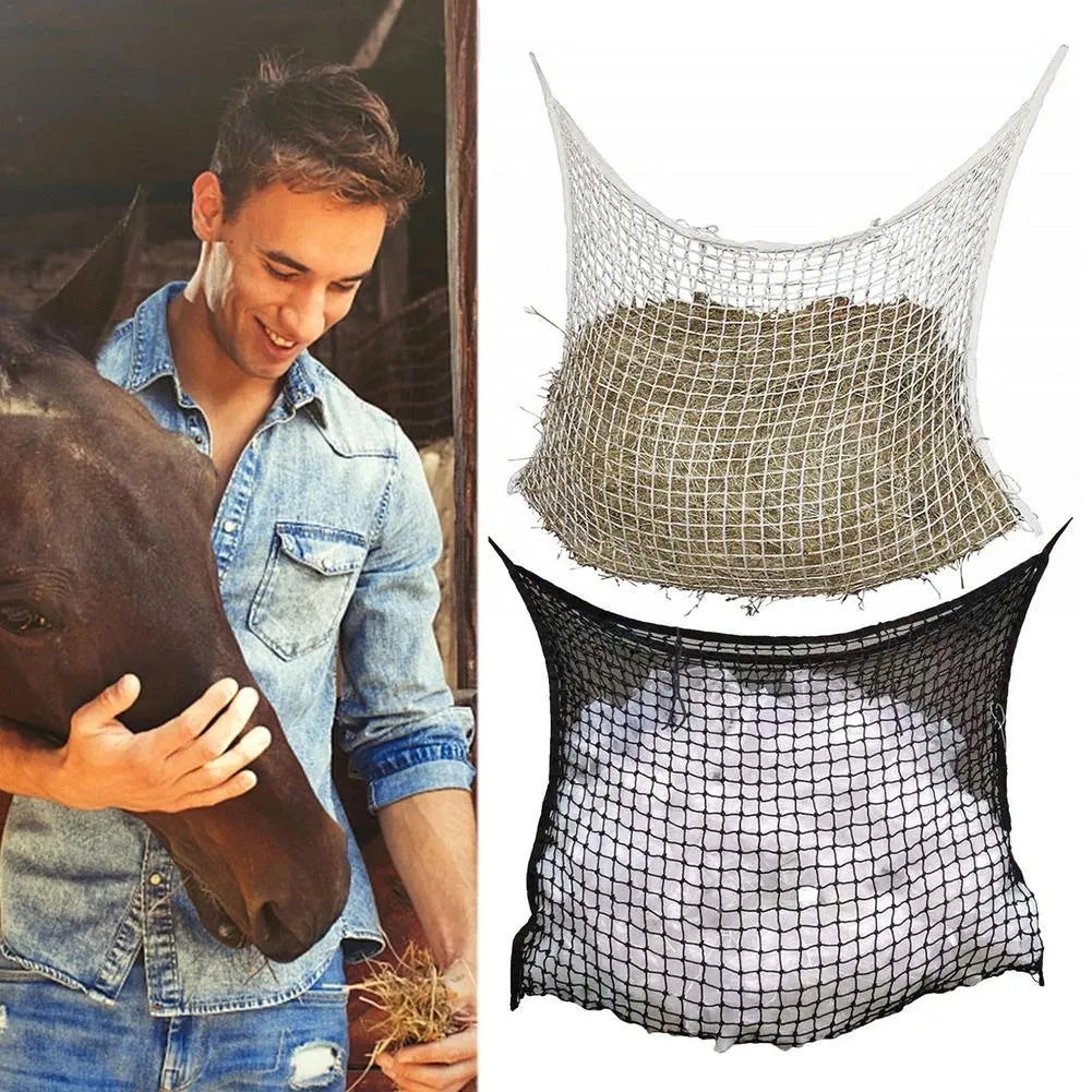 Woven grid horse feeding bag in black or white colours with hanging straps for livestock feeding