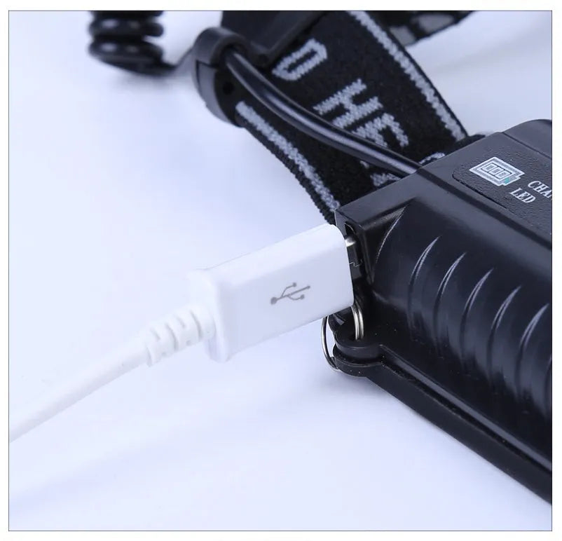 Outdoor camping head torch with waterproof casing and rechargeable battery for hands-free lighting