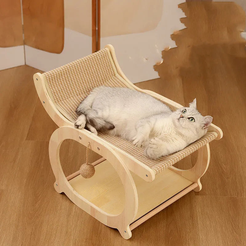 Solid wood sisal cat scratching mat and bed in walnut colour on wooden floor