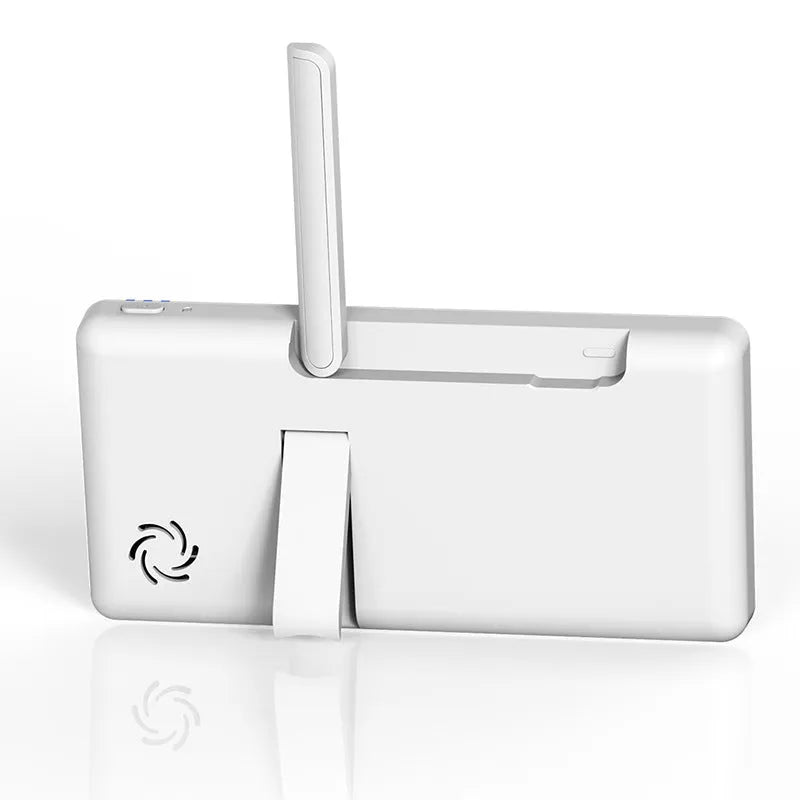 White HD wireless baby monitor with 5-inch screen on a nursery shelf.