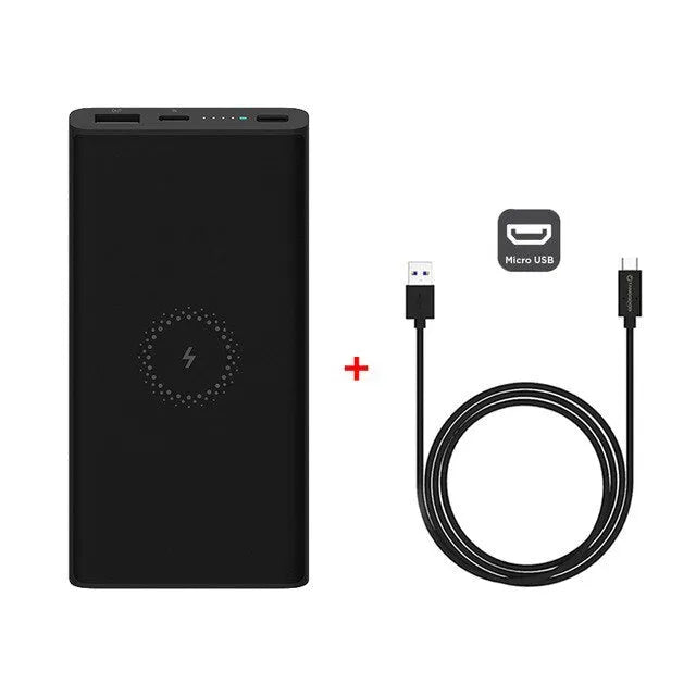 Black and white 10000mAh power bank with wireless charging and USB Type-C port