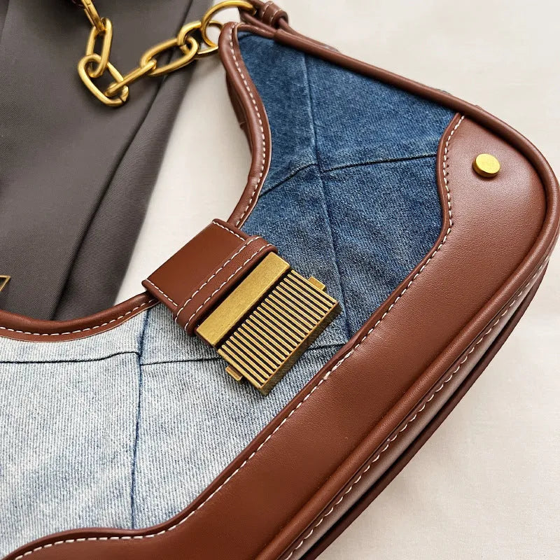 Brown denim women's shoulder bag with chain strap and diamond mesh detail