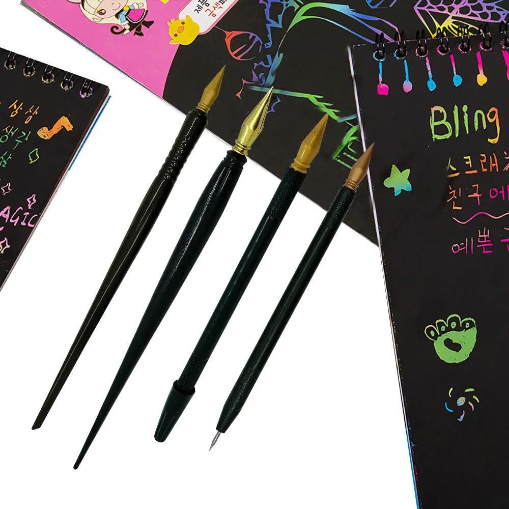 A white scratch art pen tool for children's crafts on scratch paper.