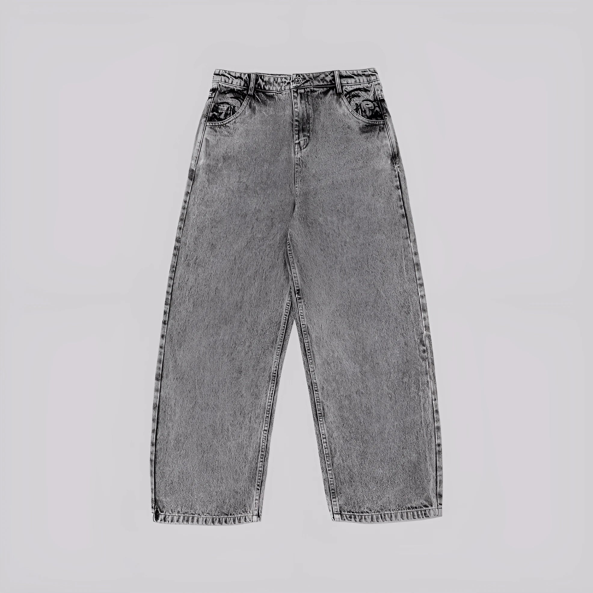 Grey loose straight-leg denim trousers for men and women on hanger