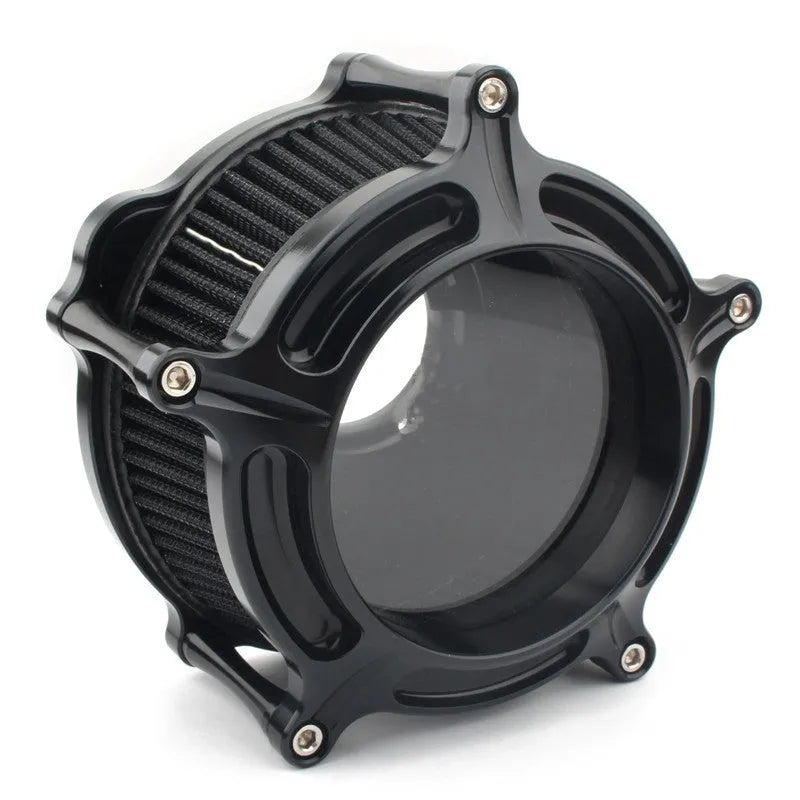 Aluminium air filter retrofit kit in red and blue electroplated finishes with suction accessories.