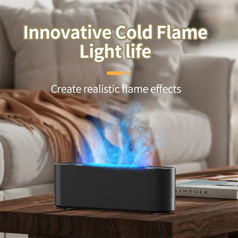 Black Flame Air ultrasonic humidifier diffuser with LED lights on a wooden table.
