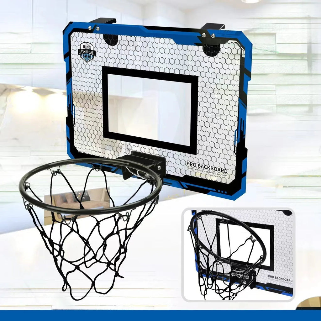 Red folding basketball frame with suction cups mounted on glass door showing scoring panel