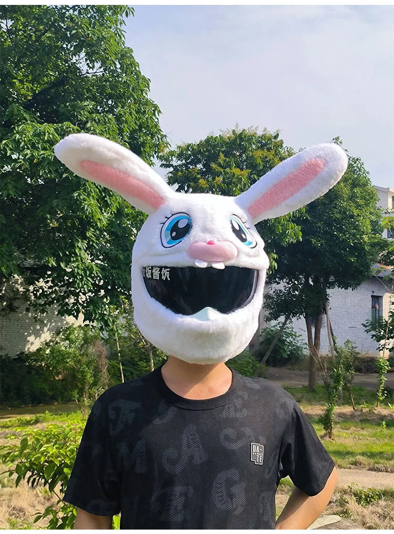 White long-eared rabbit plush helmet cover for an electric motorcycle helmet