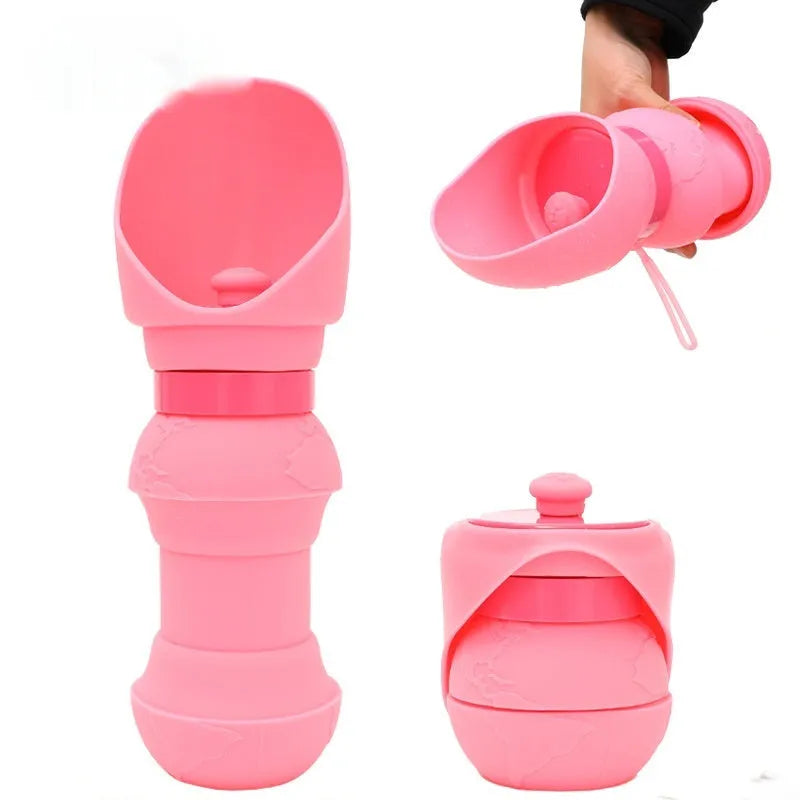 Silicone folding pet water cup shown both expanded as bowl and collapsed flat, 550ml capacity