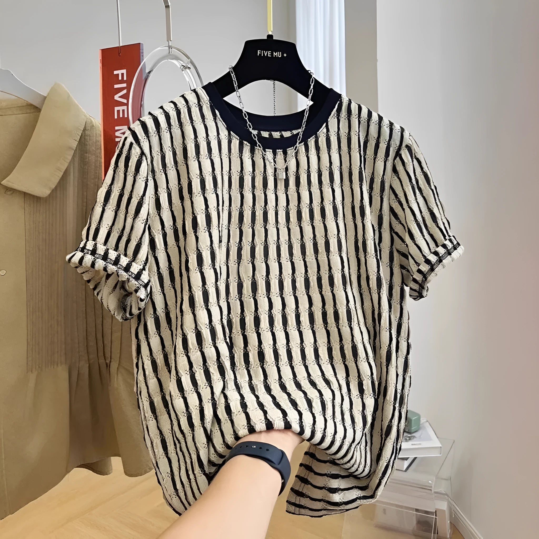 Black striped short sleeve men's shirt with loose fit and linen-silk fabric