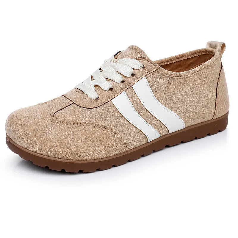 Women's vintage canvas sneakers in dark red and khaki with a round toe and flat rubber sole.