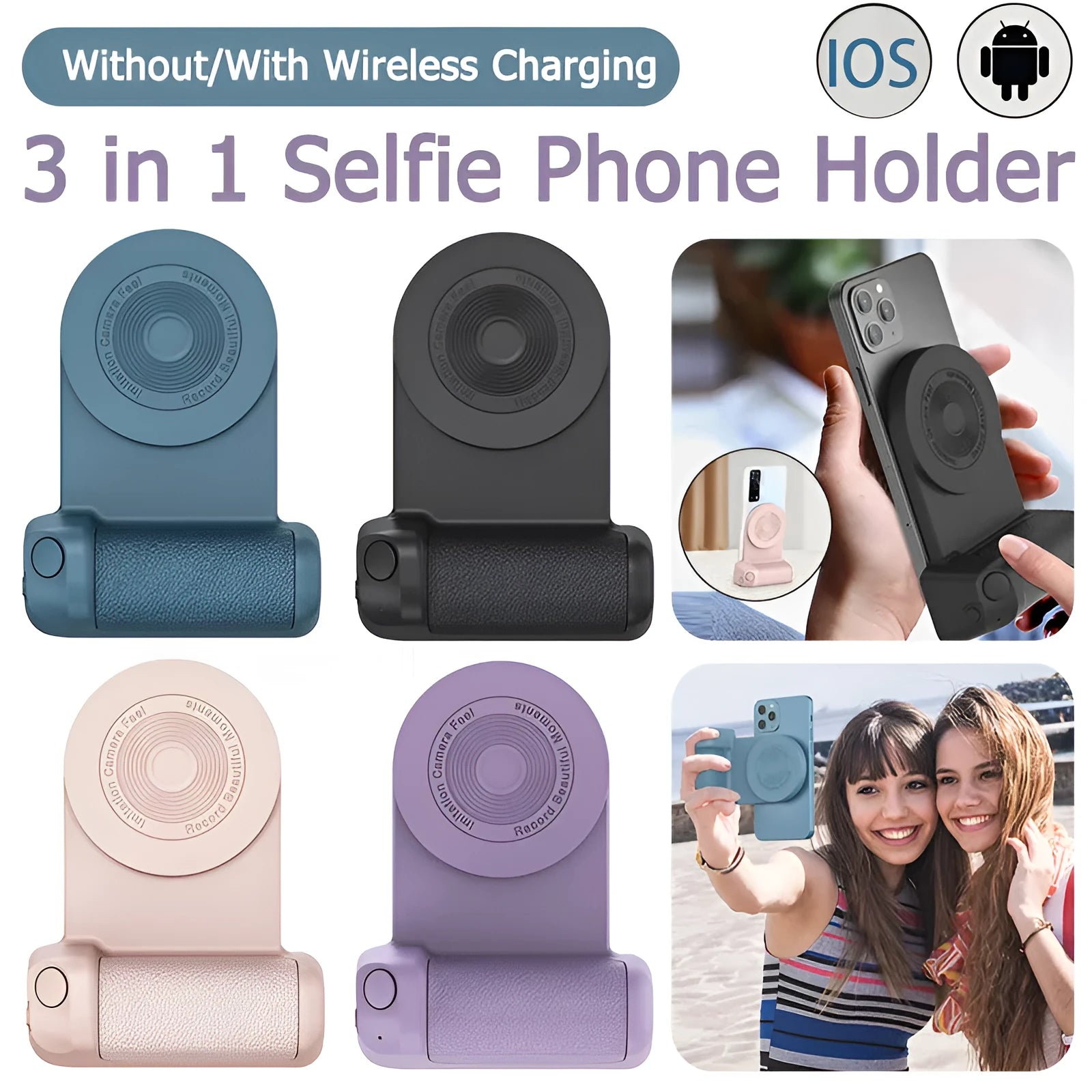 Black magnetic camera grip phone holder with wireless charging and PU leather handle on wooden surface