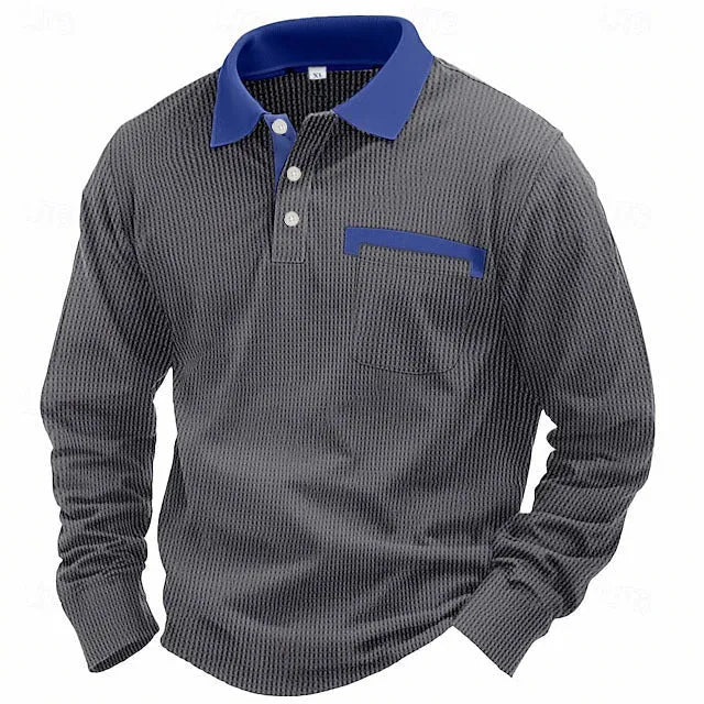 Men's waffle-textured polo shirt in wine red with asymmetric design and long sleeves.