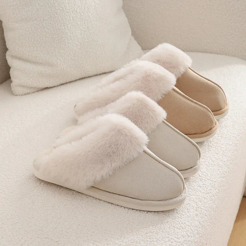 Women's winter plush slippers with artificial wool lining and non-slip PVC soles in various colours