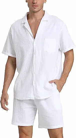 Men's flax short-sleeved top and shorts set for summer sports in army green.