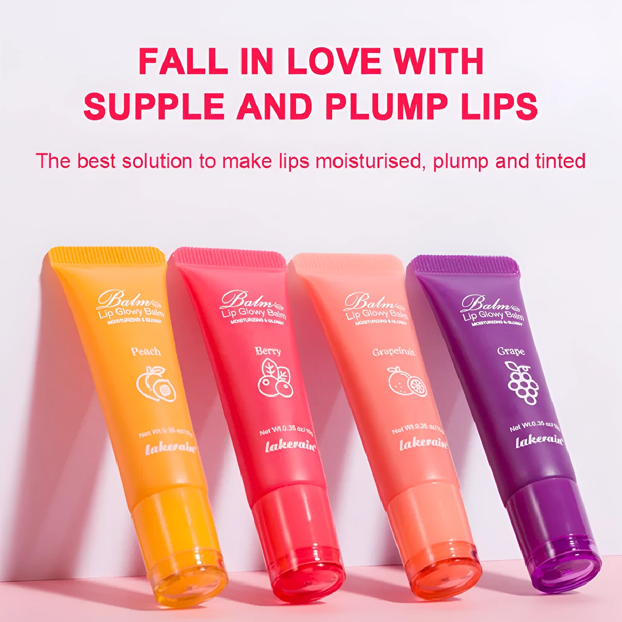 Women's lip gloss in four fruit flavour shades: Berry, Grape, Grapefruit, and Yellow Peach