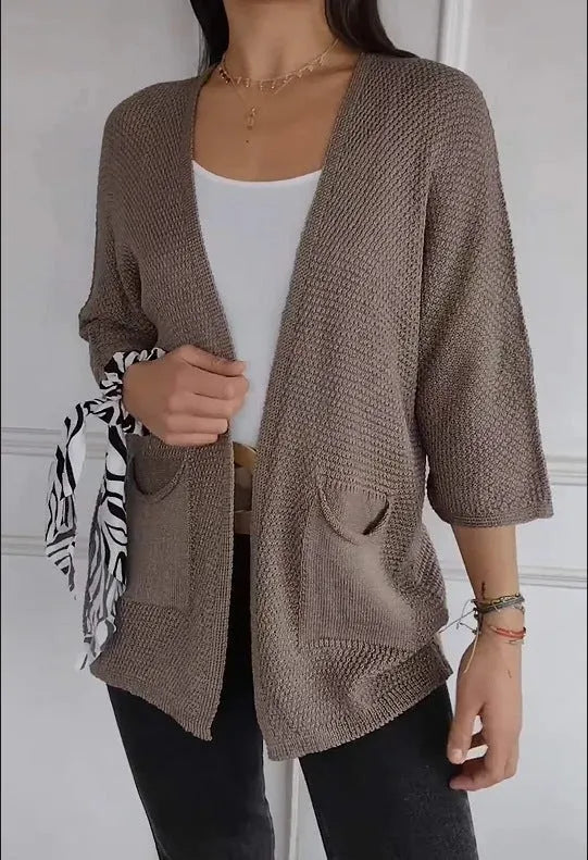 Women's waffle-textured polyester cardigan coat with nine-quarter sleeves in army green colour