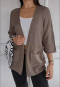 Women's waffle-textured polyester cardigan coat with nine-quarter sleeves in army green colour