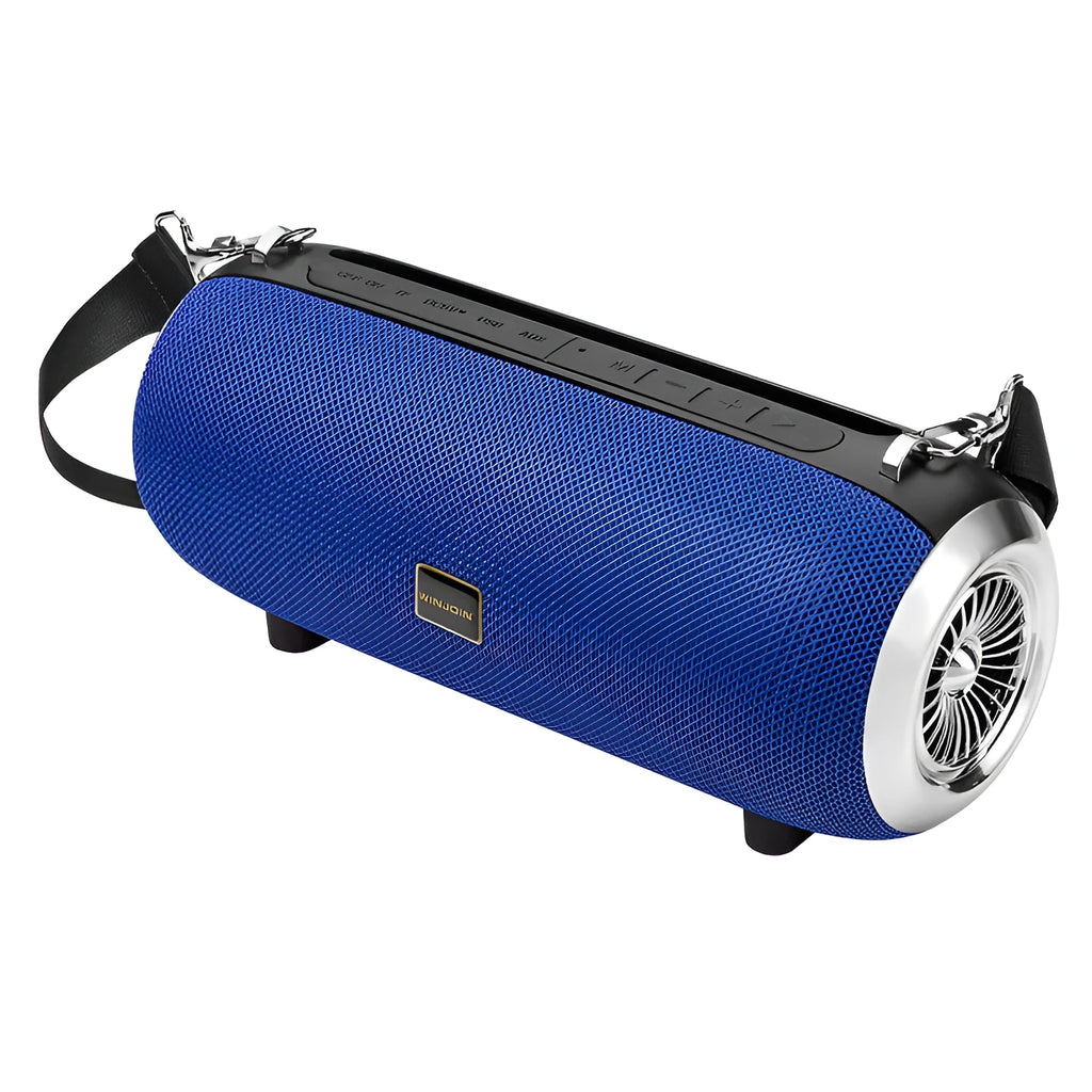 F666 fabric portable Bluetooth speaker with shoulder strap, retractable FM antenna, and mobile phone stand shown in black.