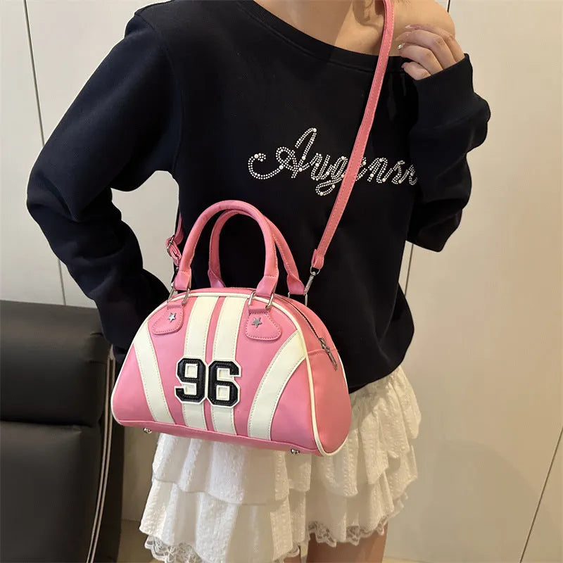 Colour blocking stripe contrast single shoulder bag in PU with stitching details, medium hardness dumpling shape