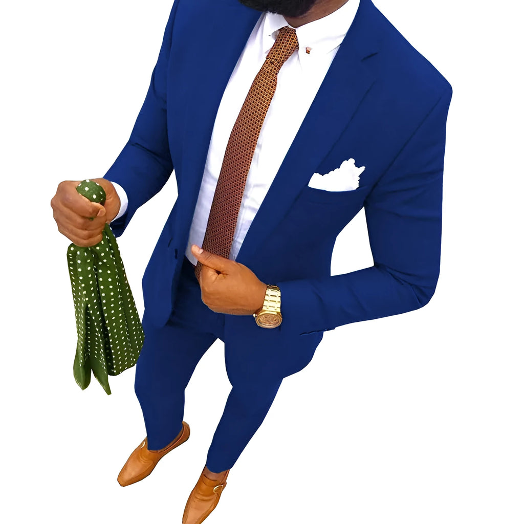 Men's purple cotton suit jacket and trousers set for formal occasions.