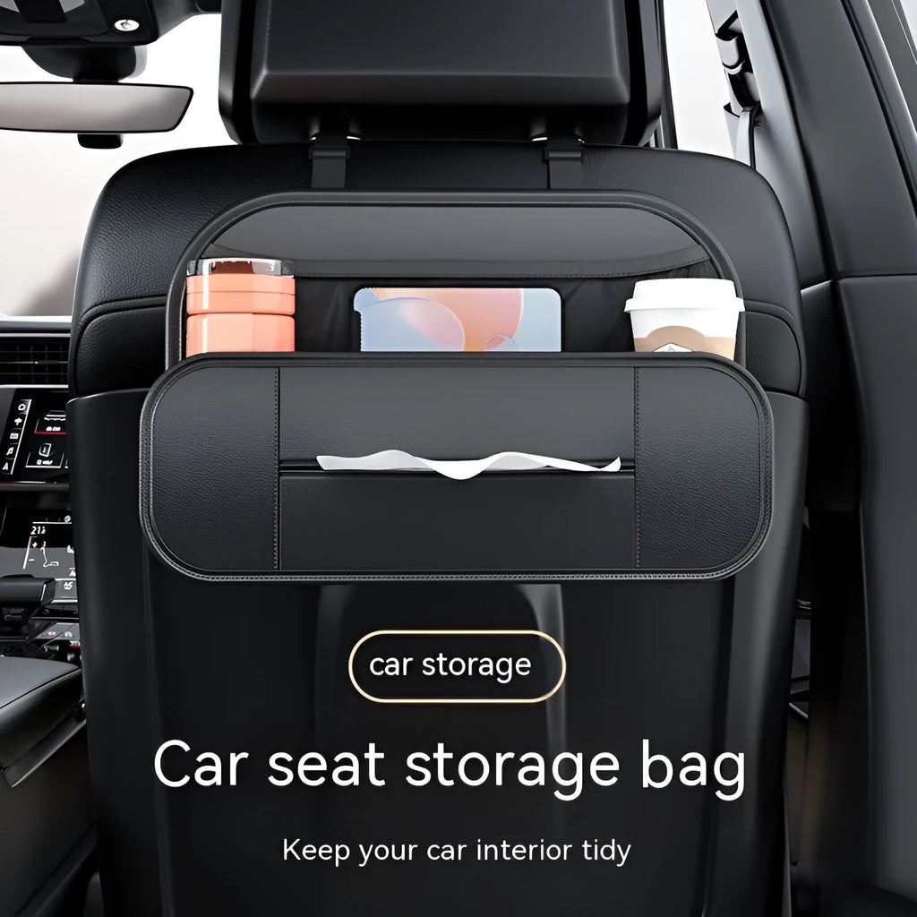 Black leather car seat rear storage bag measuring 36cm wide with customisable compartments