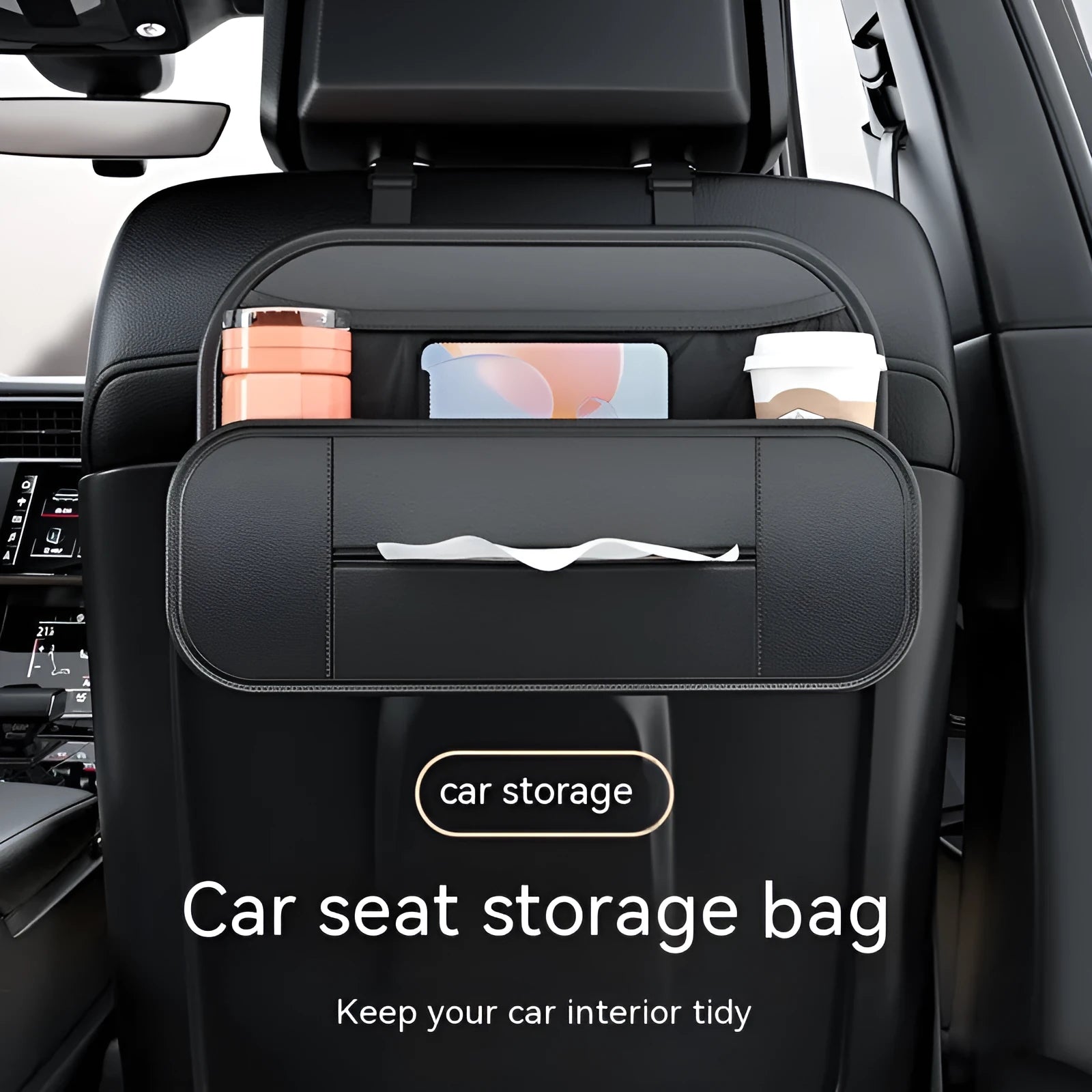 Black leather car seat rear storage bag measuring 36cm wide with customisable compartments