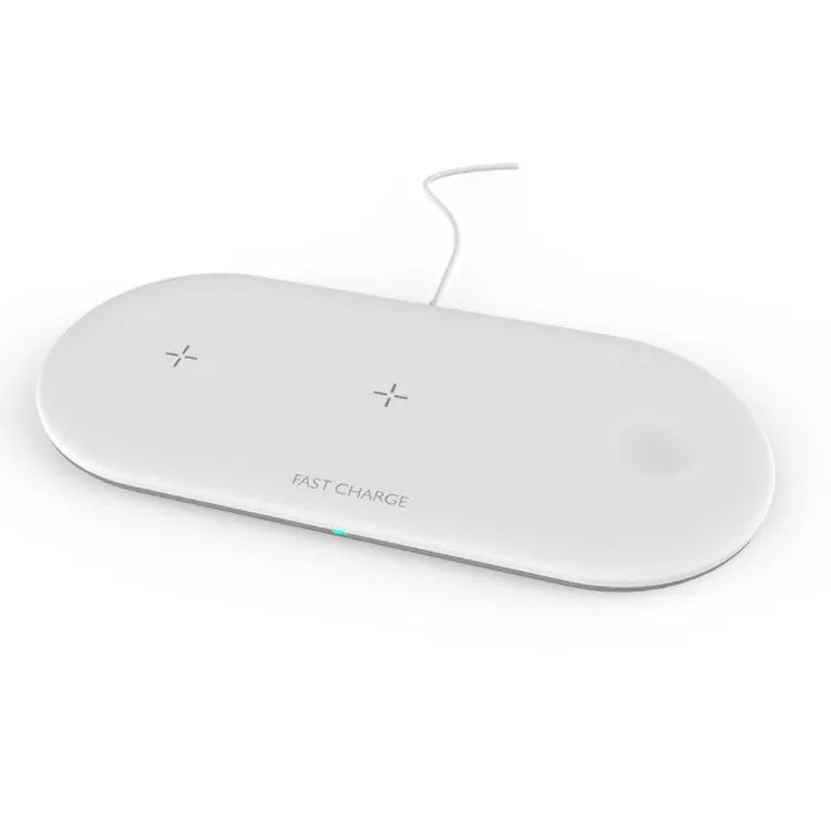 White 3-in-1 desktop wireless charger for Apple iPhone, watch and headphones on a wooden desk