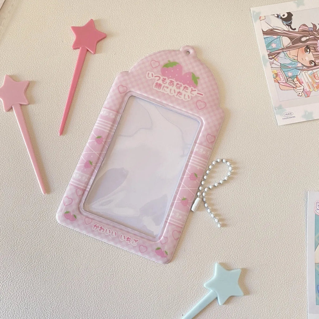 Cartoon PVC meal card holder in strawberry or four-leaf clover design measuring 7.6 by 13.6 cm