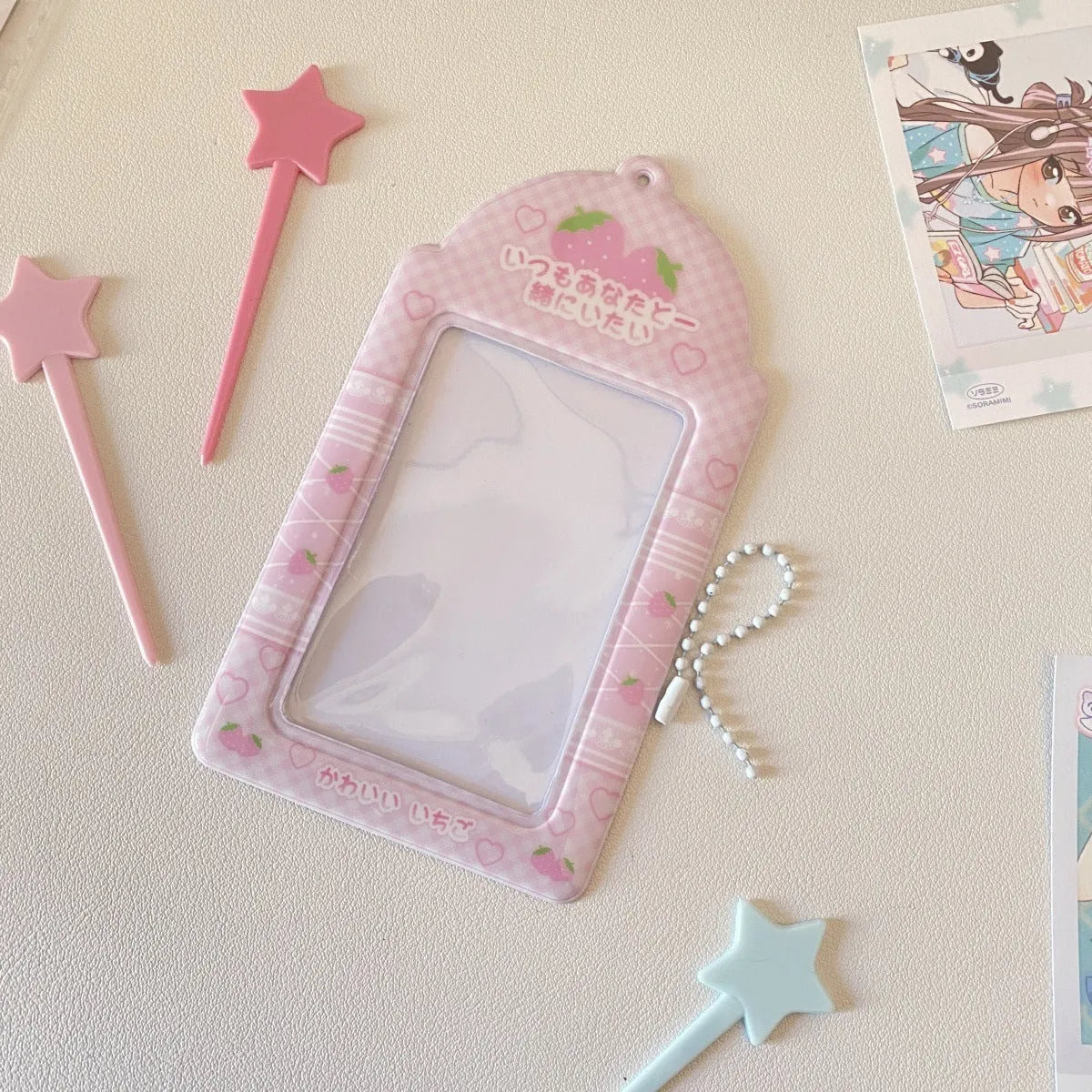 Cartoon PVC meal card holder in strawberry or four-leaf clover design measuring 7.6 by 13.6 cm