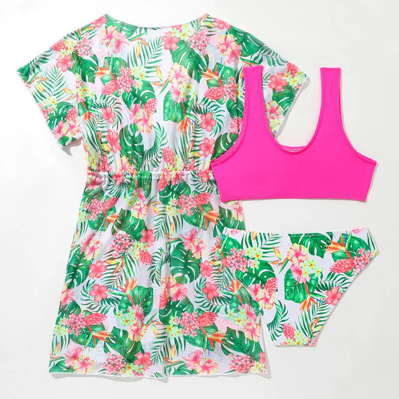 Girls' two-piece and women's three-piece floral swimsuit set in polyester