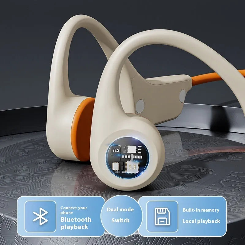 32G memory bone conduction Bluetooth headset in ear hook design, black colour, with controls on the side
