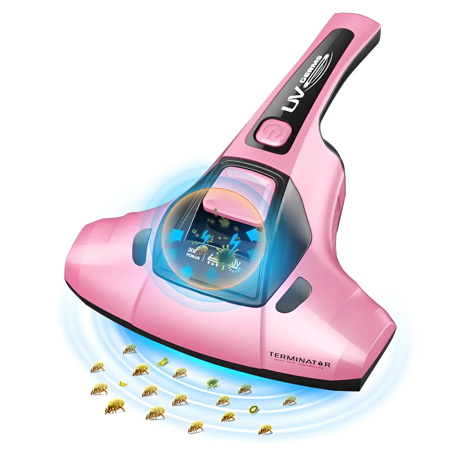 Pink handheld vacuum cleaner for beds and sofas with 300W motor and dust container