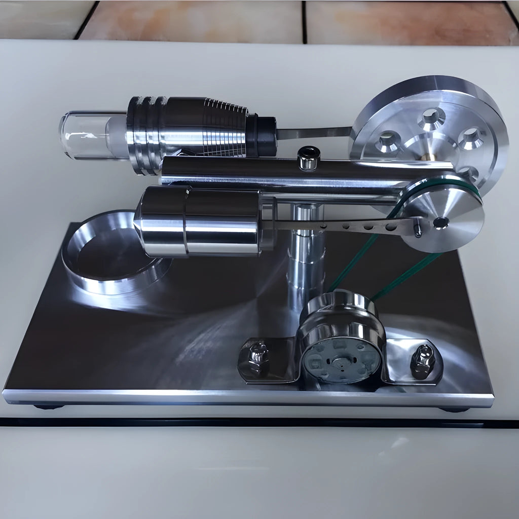 2019 Red upgrade miniature Stirling engine toy on a desk, 155x80x85mm, showing flywheel and cylinder