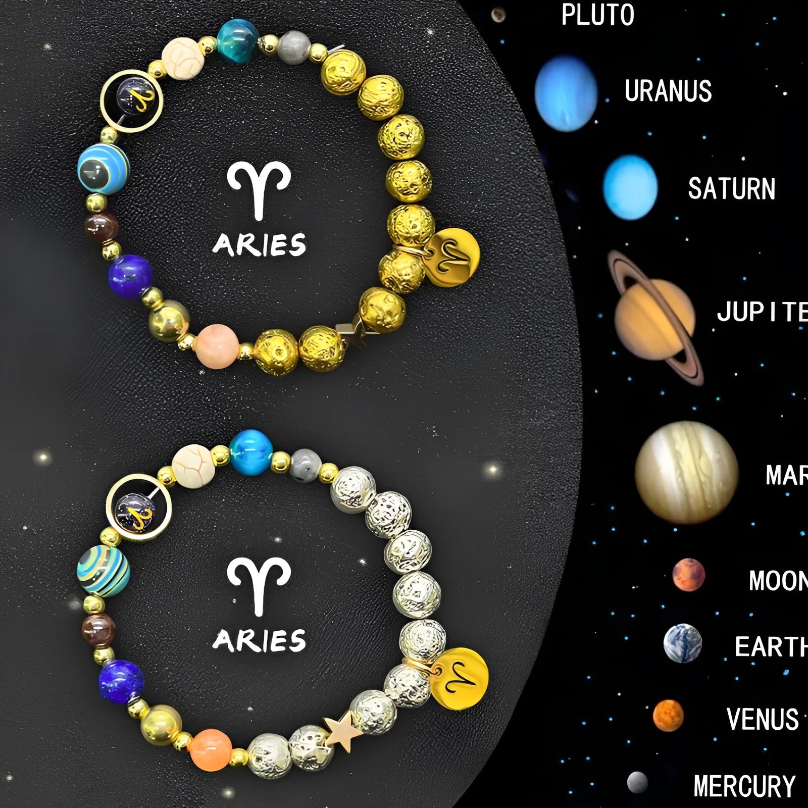 Two natural stone zodiac charm bracelets with elastic threads showing different zodiac symbols