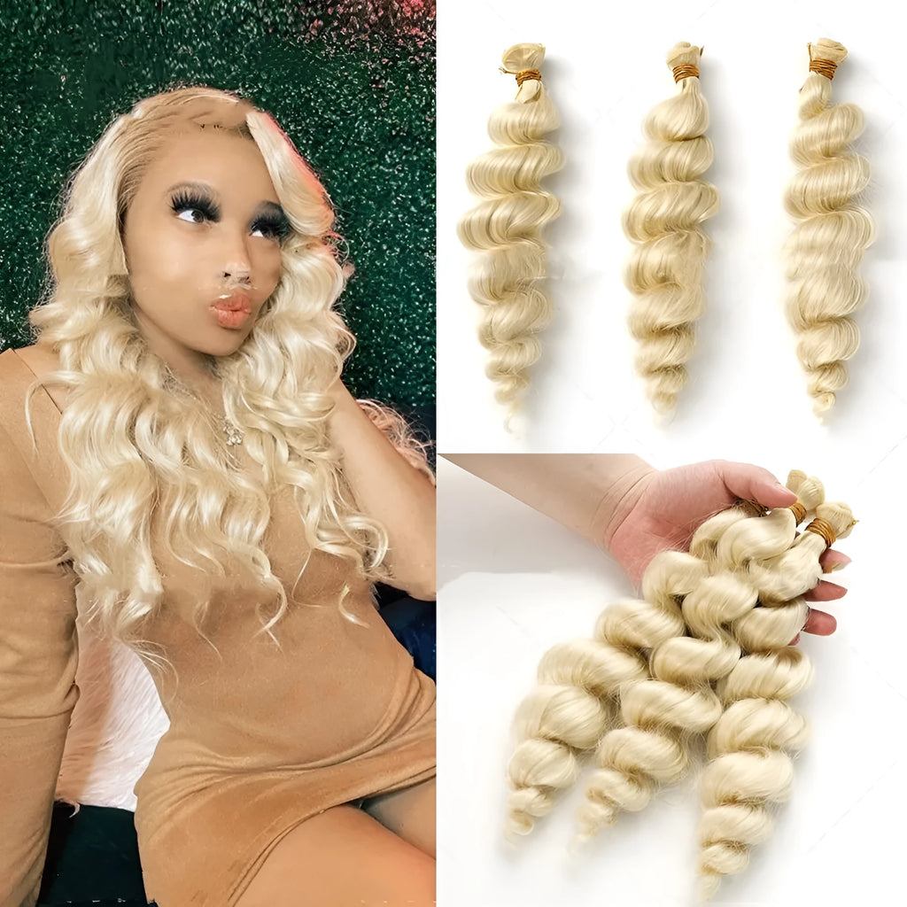 Golden synthetic hair weft wig showing length options on a stand.