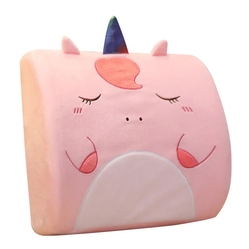 Cartoon-themed car seat cushion with memory foam core and removable cover in various designs like Pink Unicorn and Gray Cat.