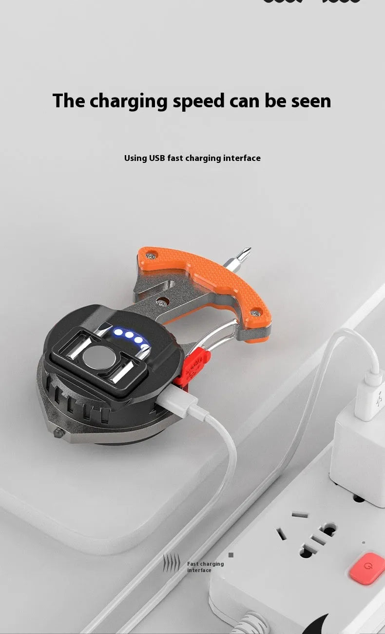 Multifunctional portable keychain light with window breaker and screwdriver, showing charging port and smart display.