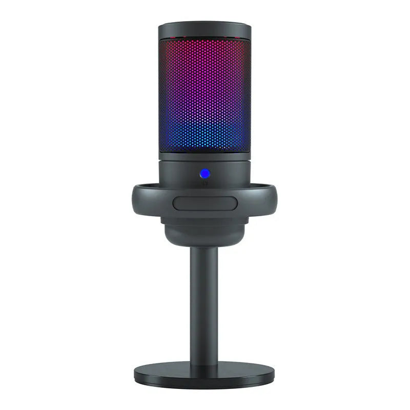 USB condenser microphone with colourful light effects showing heart-shaped polar pattern diagram